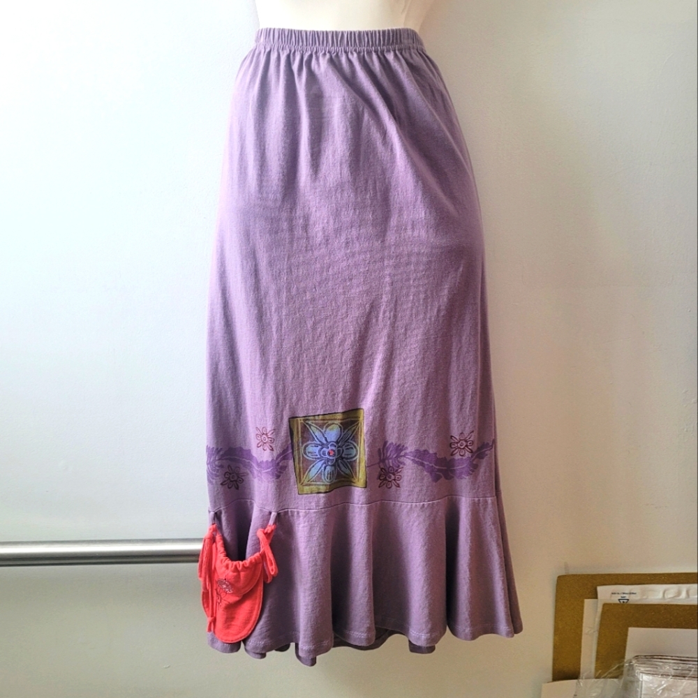 90s Blu-Fish Maxi Skirt. Lavender, Hand Stamped. Attachable Pocket. Size: Large
